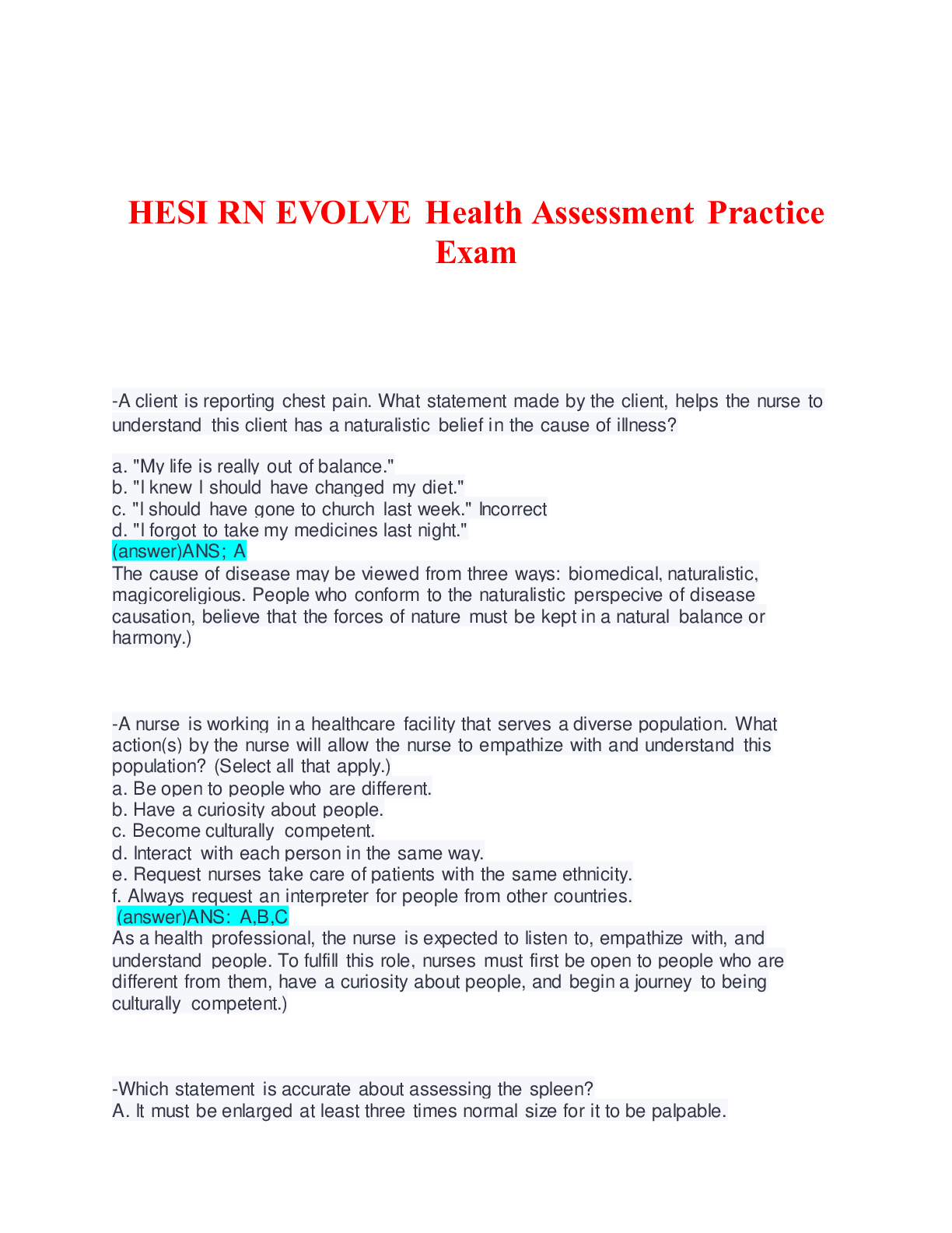 HESI RN EVOLVE Health Assessment Practice Exam Browsegrades